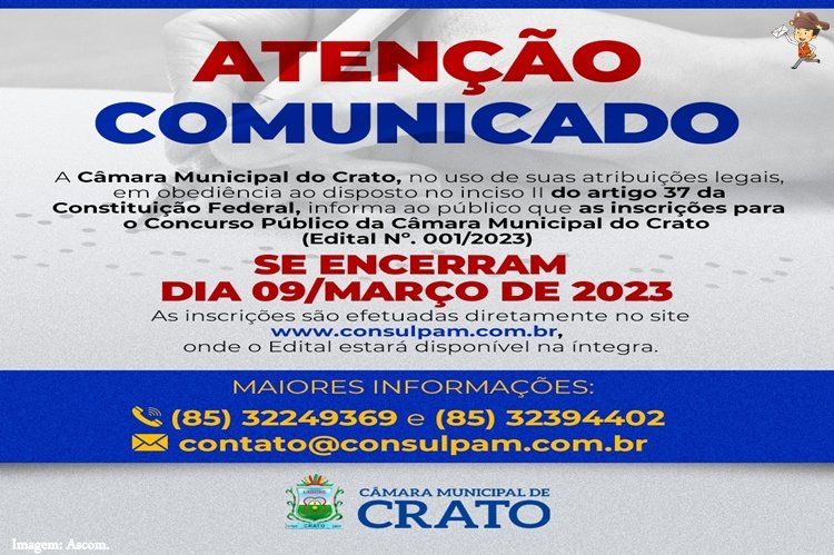 INTERESSADOS EM PARTICIPAR DO CONCURSO PARA FUNCIONÁRIOS DA CÂMARA MUNICIPAL DO CRATO TEM SÓ ATÉ O DIA 9 PARA SE INSCREVEREM